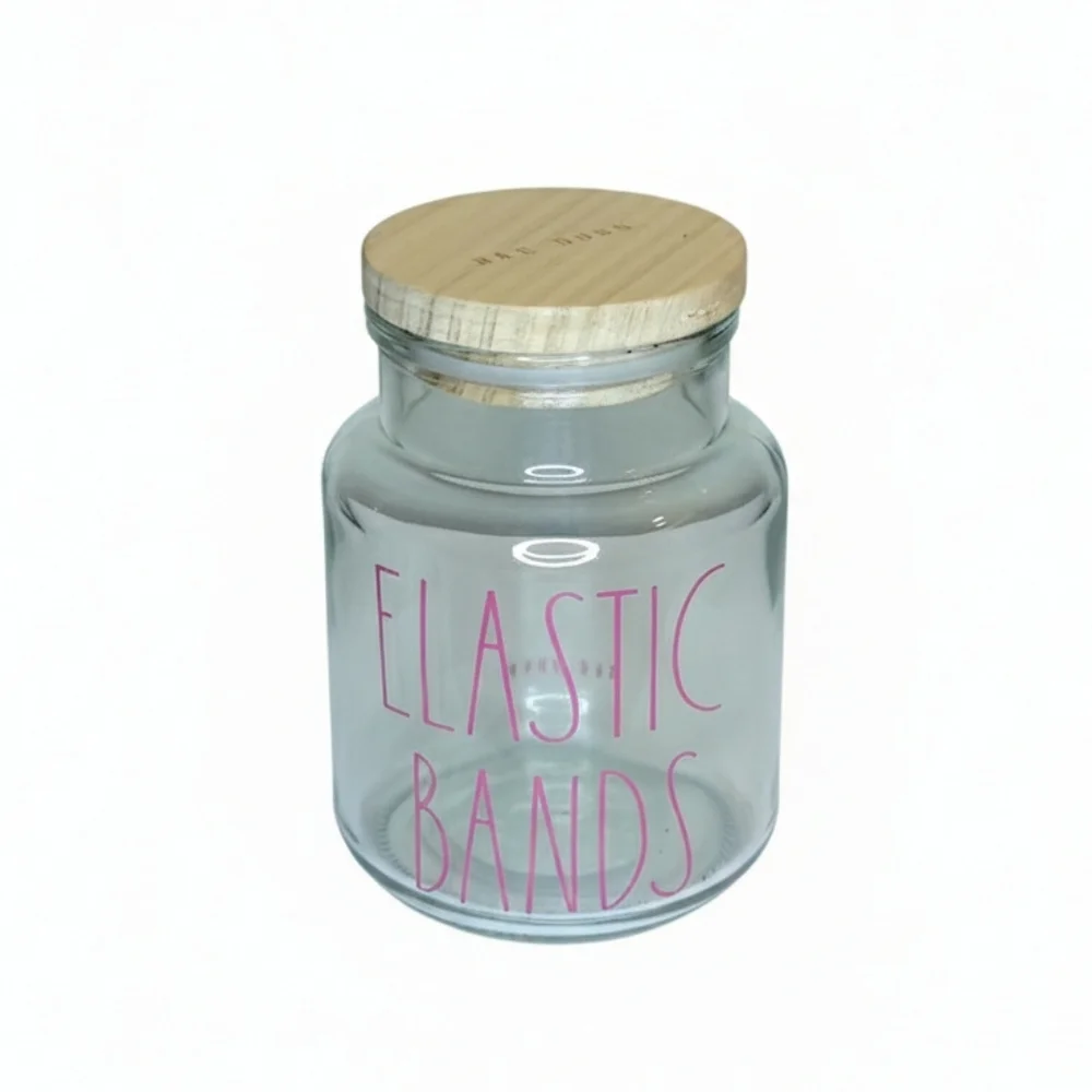 NEW Rae Dunn Clear Elastic Bands Jar with Tan Wooden Lid and Lilac Lettering